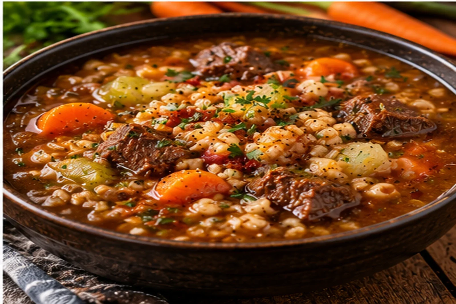 Hearty beef barley soup with tender beef, pearl barley, carrots, celery and herbs