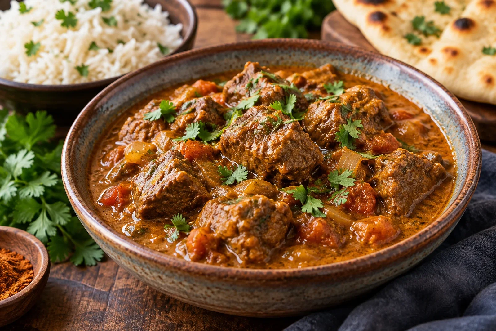Tender beef curry in a glossy spiced tomato-onion sauce with cilantro, rice and naan