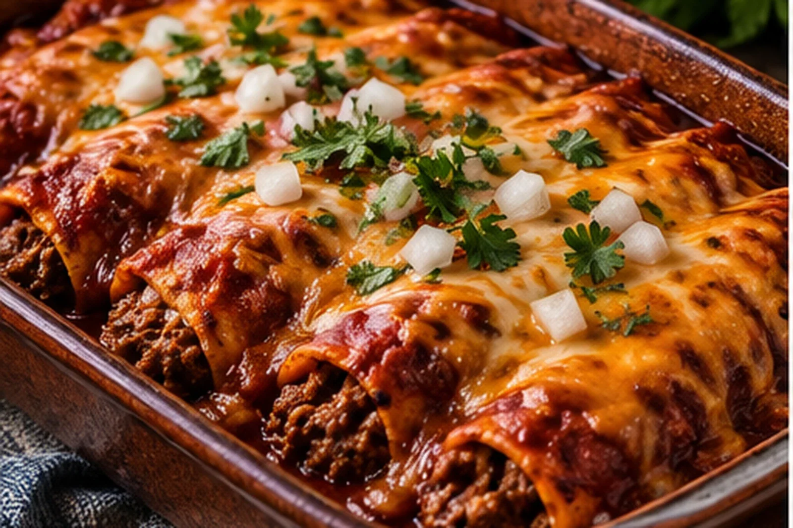 Beef enchiladas baked with red chile sauce, melted cheese, onion and cilantro