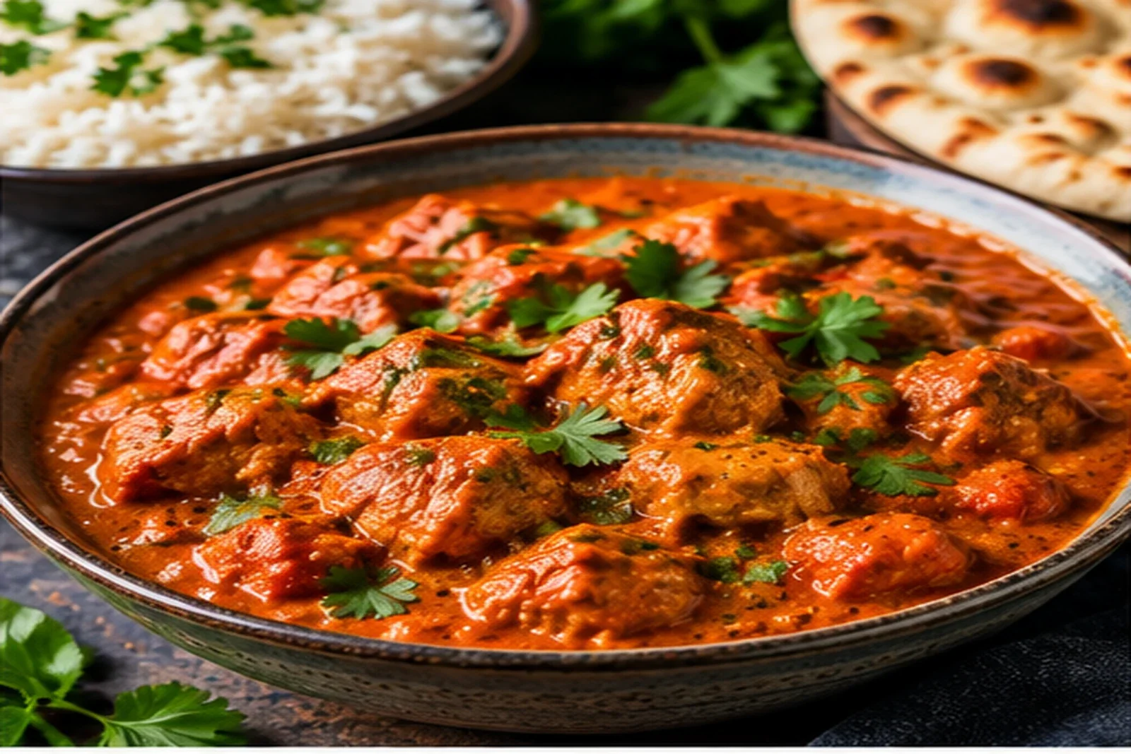 Deep red beef Madras curry with tender beef, tomato-rich sauce, herbs, rice and naan