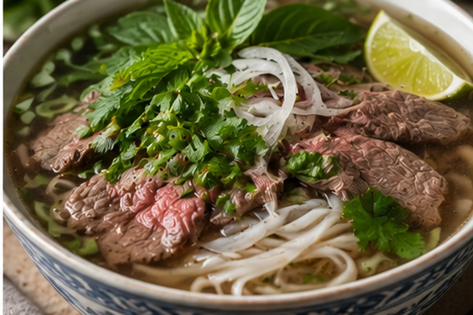 Beef pho with rice noodles, sliced beef, herbs, onion and lime in a clear aromatic broth