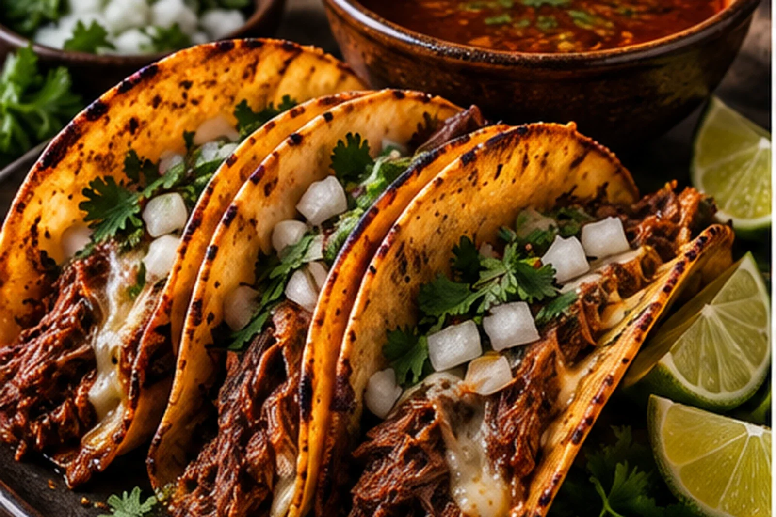 Crisp birria tacos filled with shredded beef, onion and cilantro, served with consommé and lime