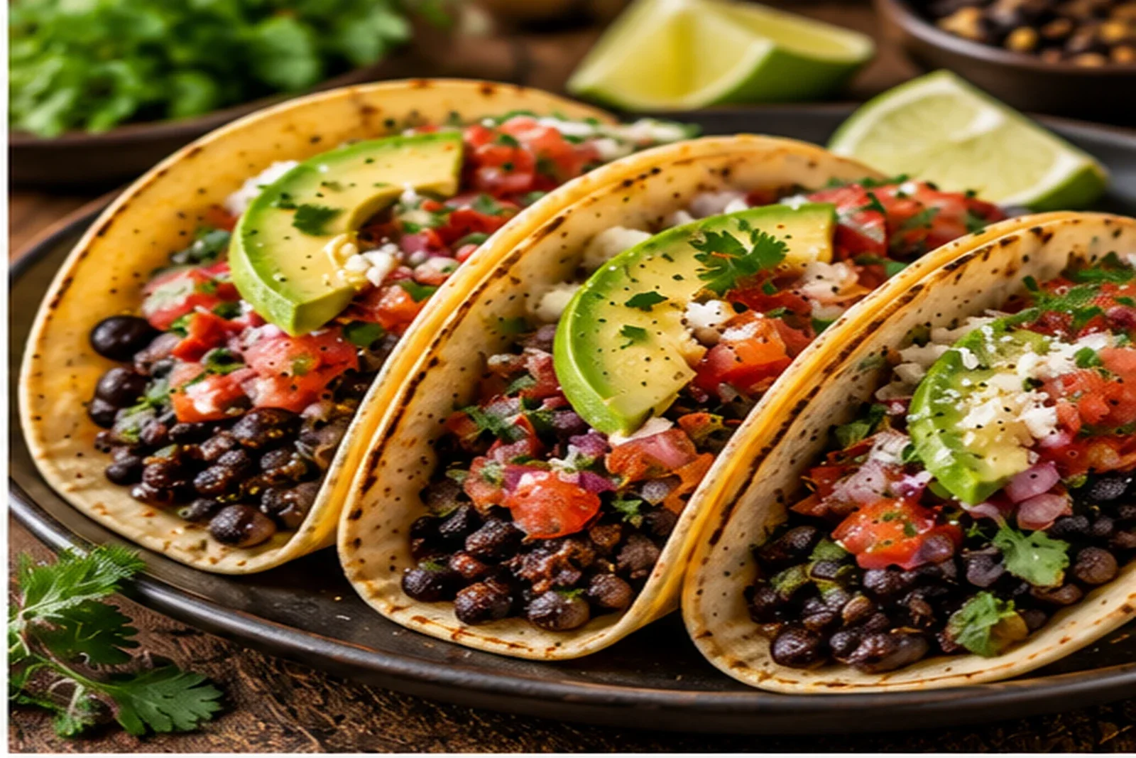 Black bean tacos with avocado, salsa, cilantro and lime