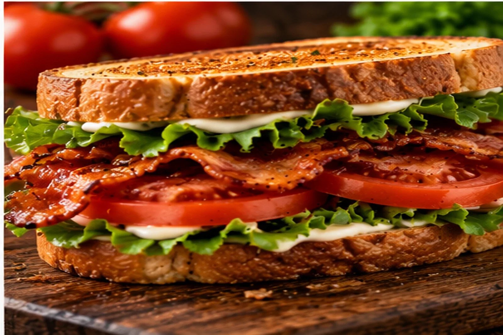 Classic BLT with crisp bacon, lettuce, ripe tomato and mayonnaise on toasted bread