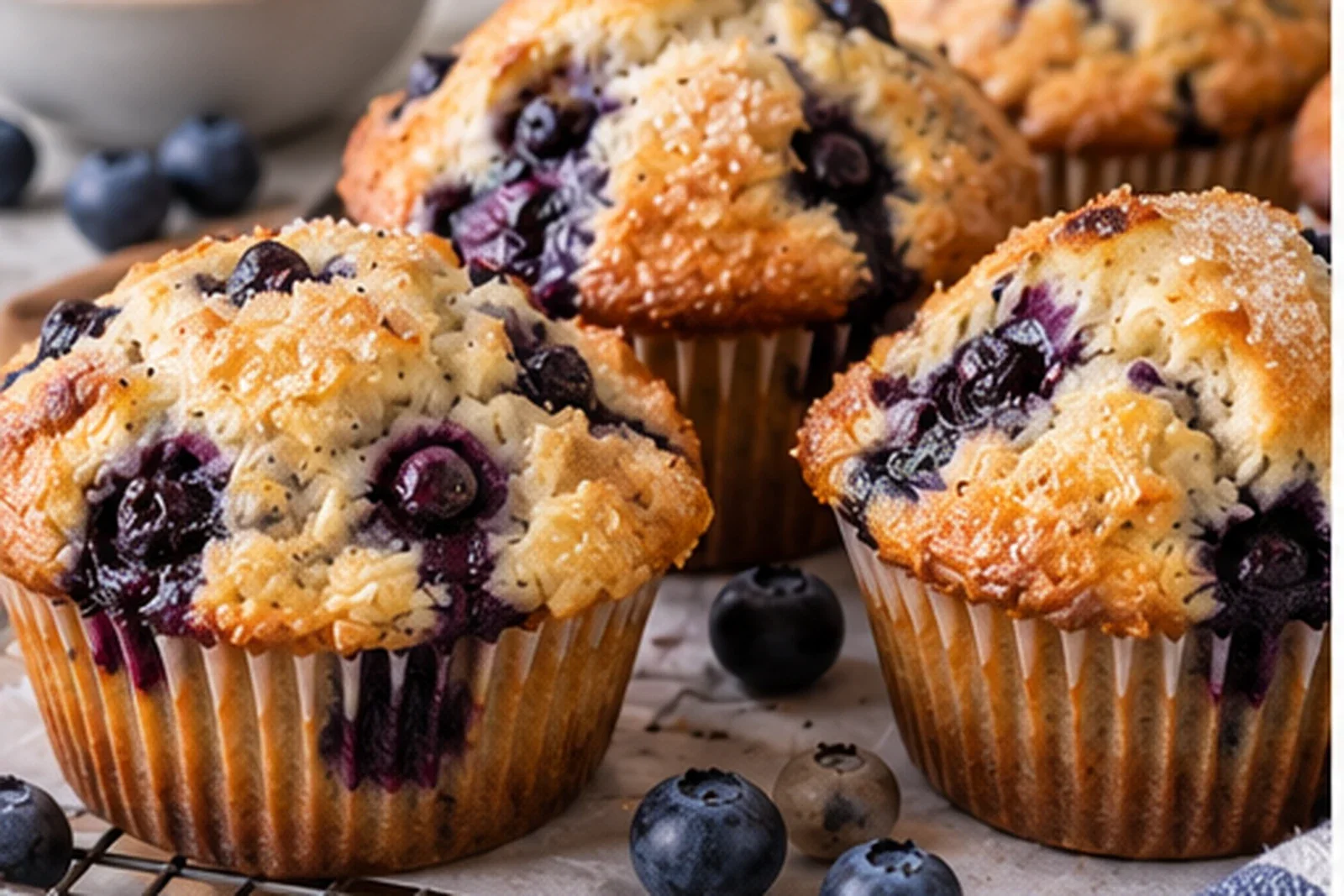 Golden blueberry muffins with burst berries and sparkling sugar