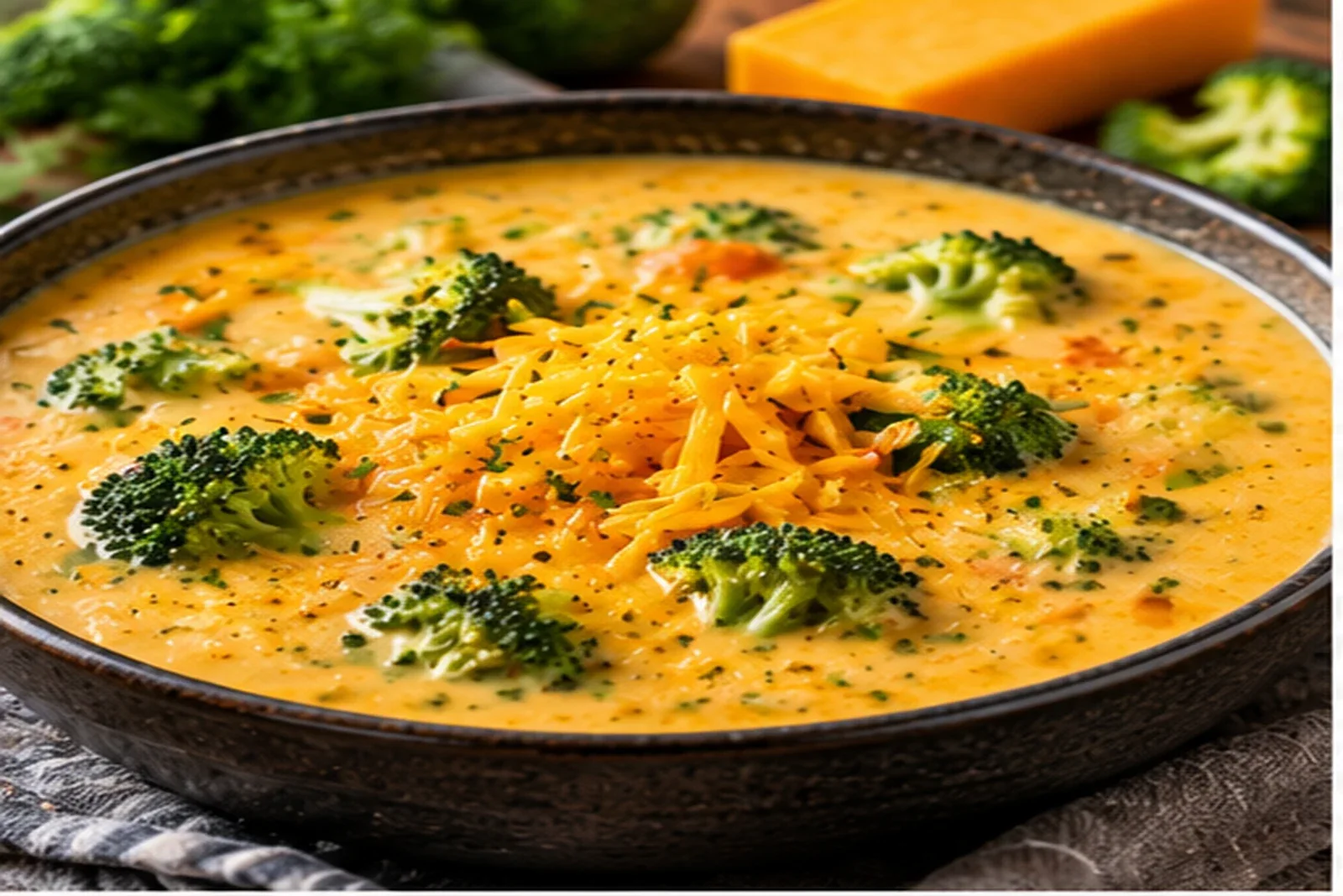 Creamy broccoli cheddar soup with tender broccoli florets and shredded cheddar