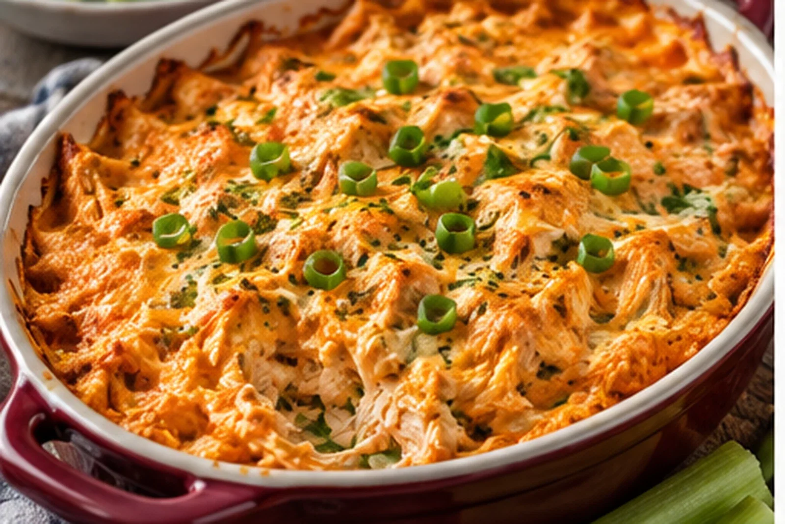 Creamy baked buffalo chicken dip with shredded chicken and green onion in a red ceramic dish