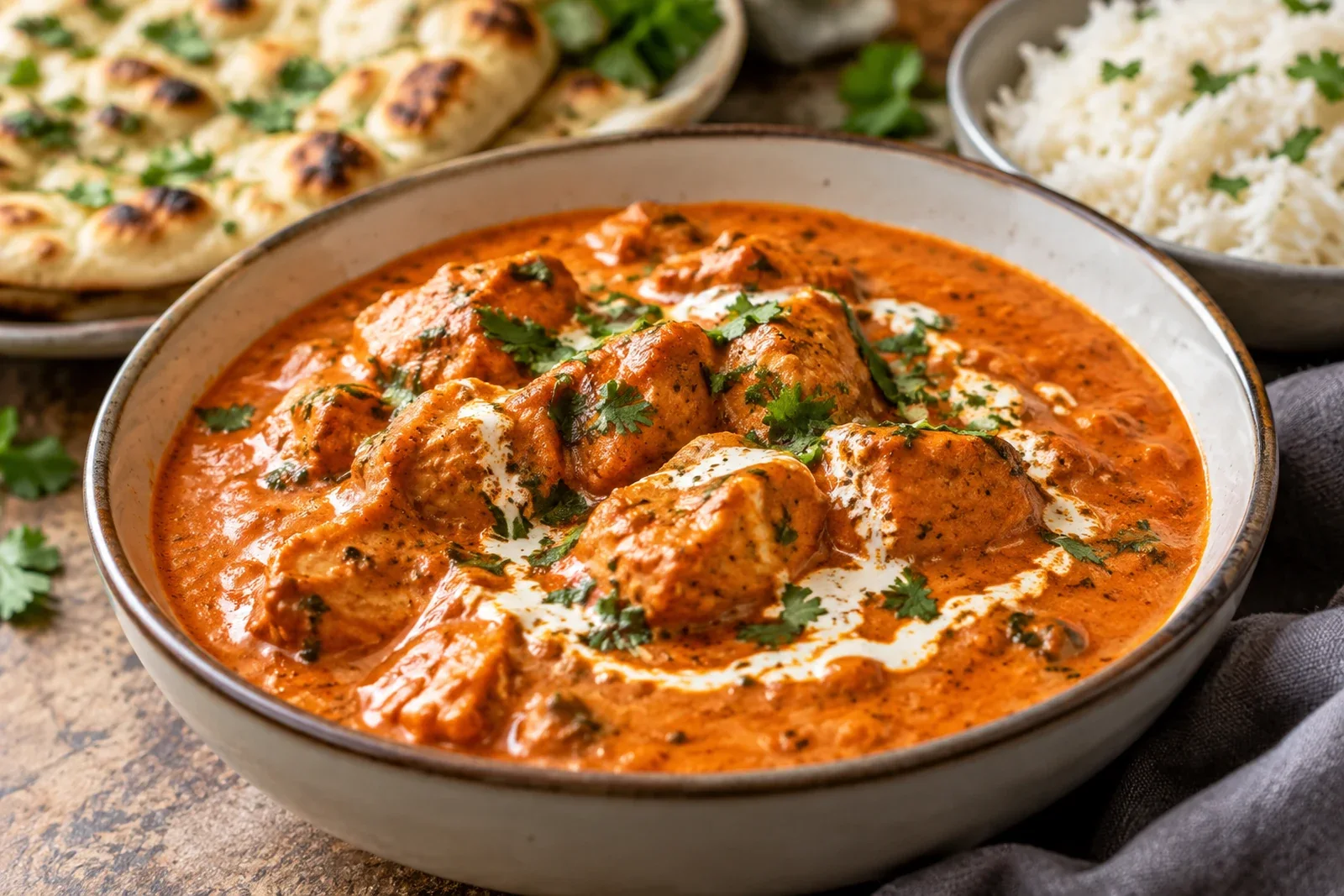 Creamy butter chicken in orange-red tomato sauce with cilantro, rice and naan