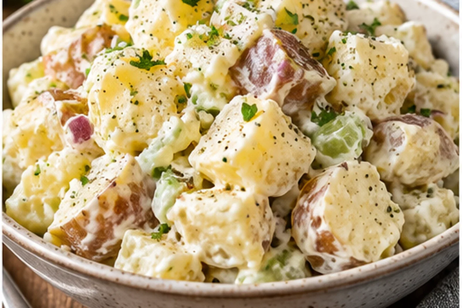 Creamy potato salad with tender potato chunks, celery and fresh herbs in a ceramic bowl
