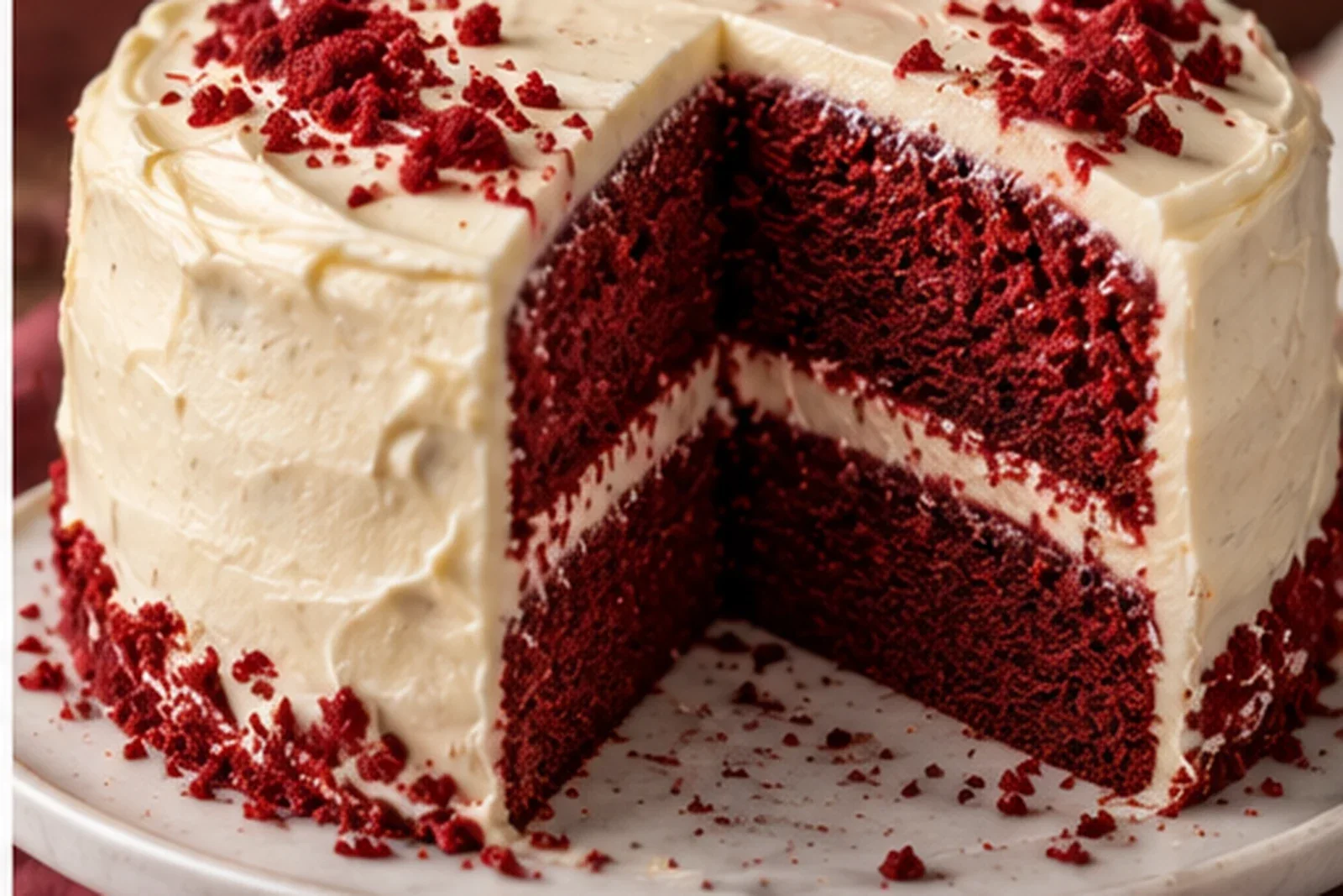 Two-layer red velvet cake with white cream cheese frosting and deep red crumb