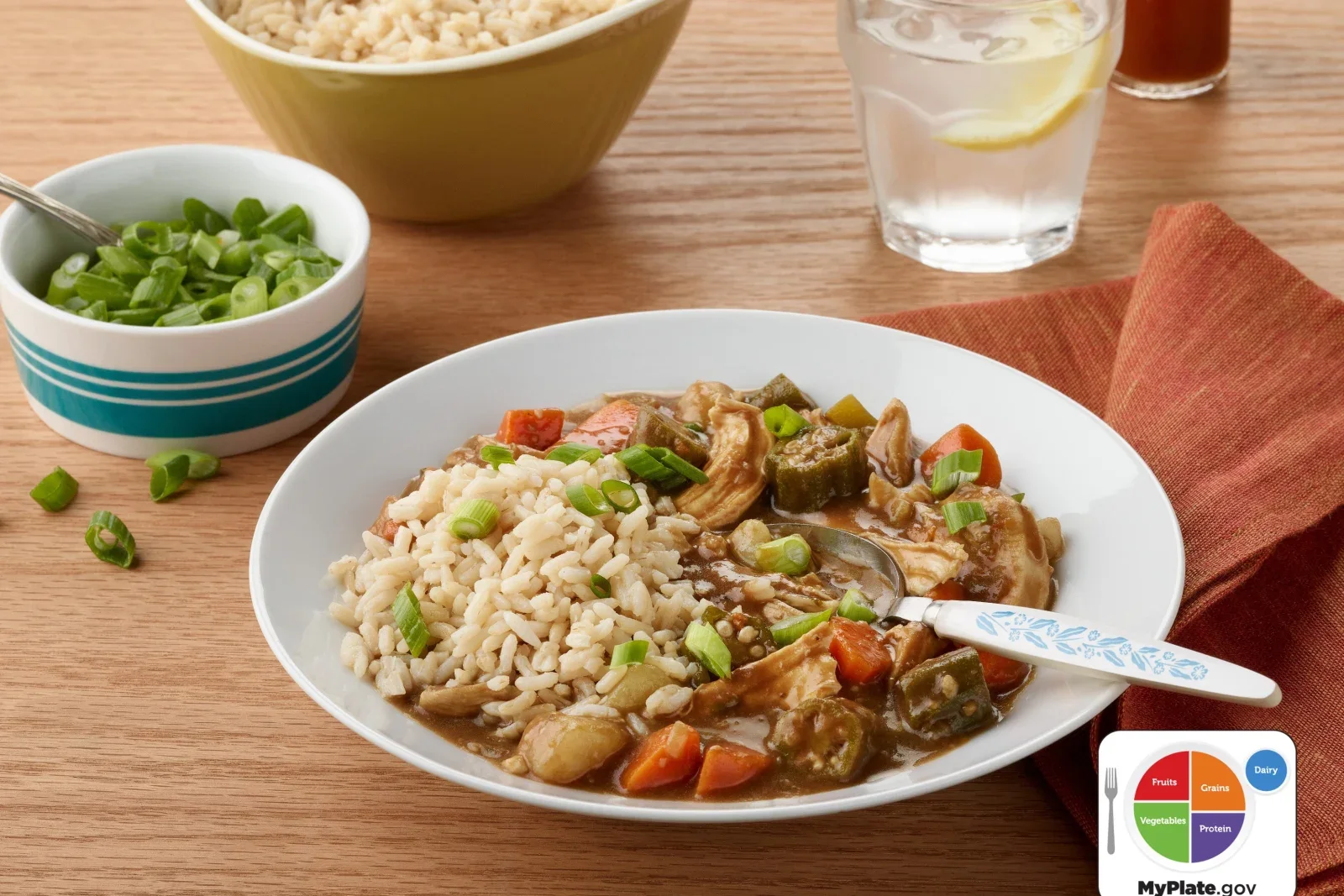 Bowl of chicken gumbo made with a dark roux and served as a hearty main dish
