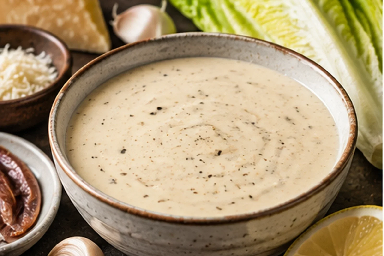 Creamy Caesar dressing with Parmesan, anchovy, lemon and romaine