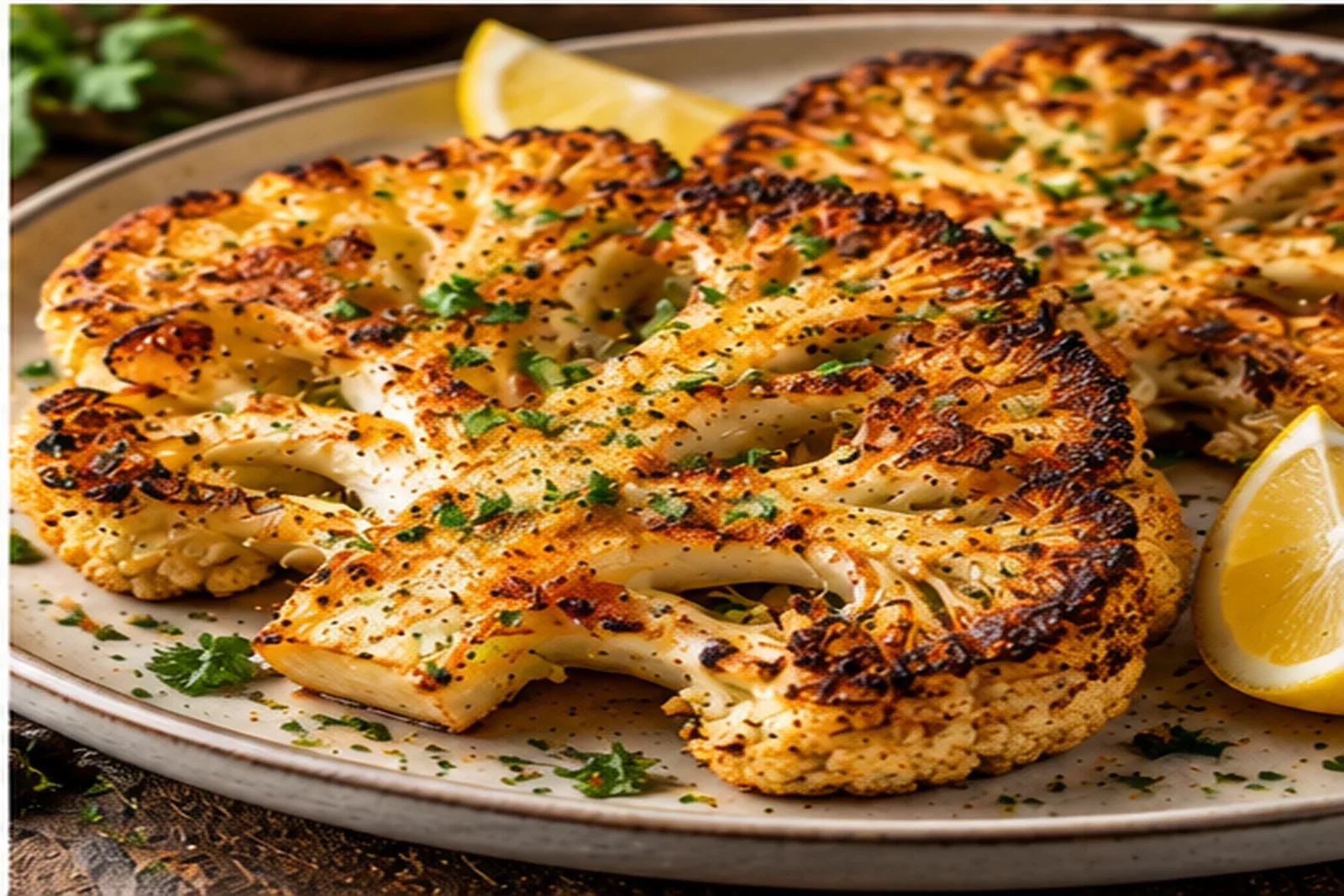 Deeply browned cauliflower steaks with lemon, capers and fresh parsley