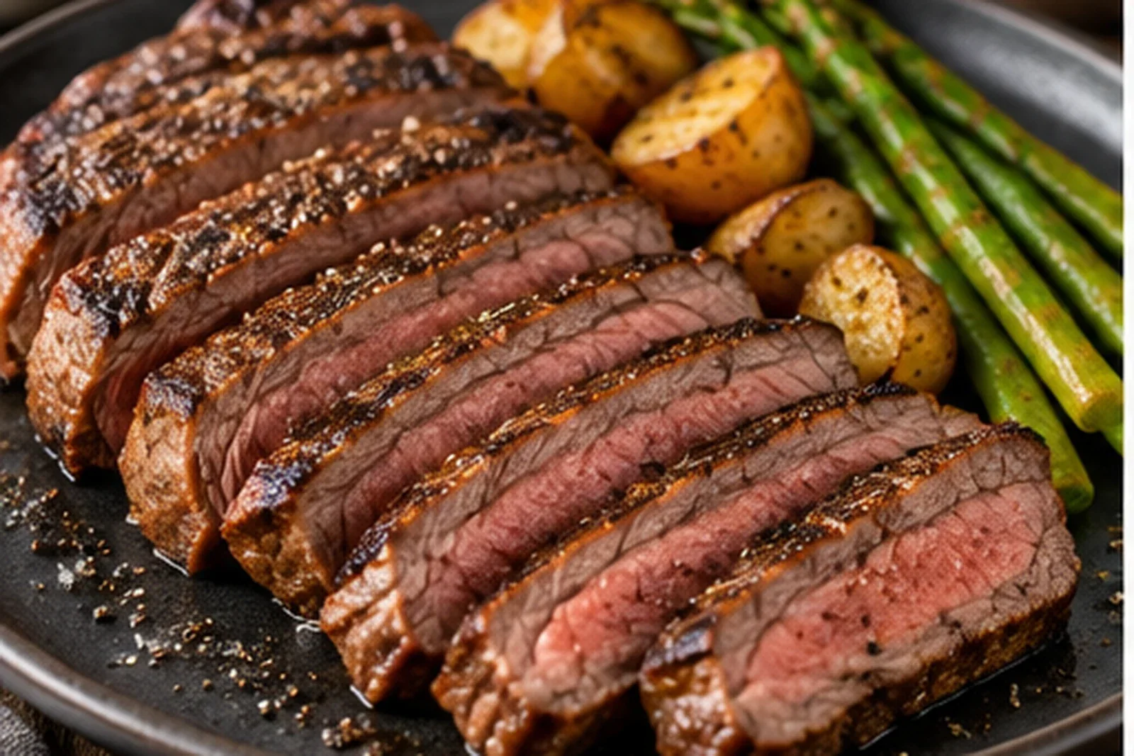 Pan-seared sirloin steak sliced into rosy strips with roasted potatoes and asparagus on a dark plate