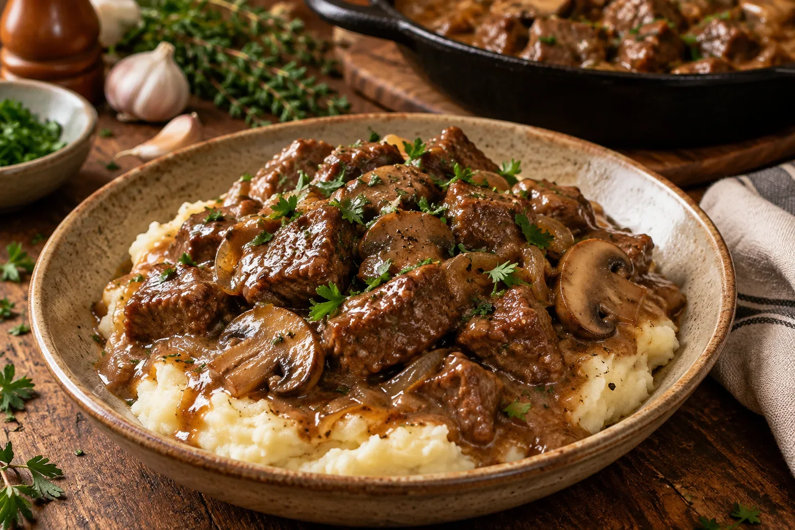 Tender beef tips and mushrooms in brown gravy over mashed potatoes