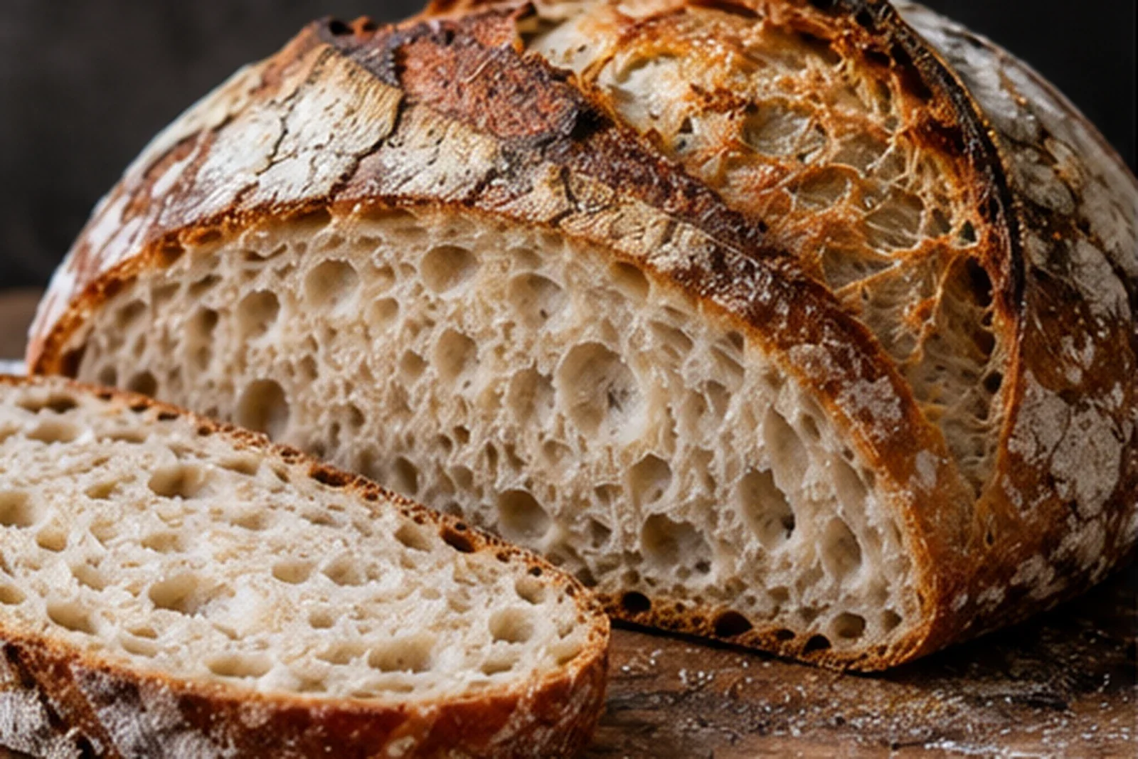 Photorealistic crusty sourdough boule cut open to show an airy irregular crumb