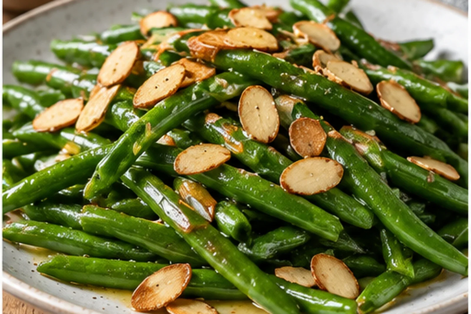 Glossy green beans topped with toasted sliced almonds on a serving plate
