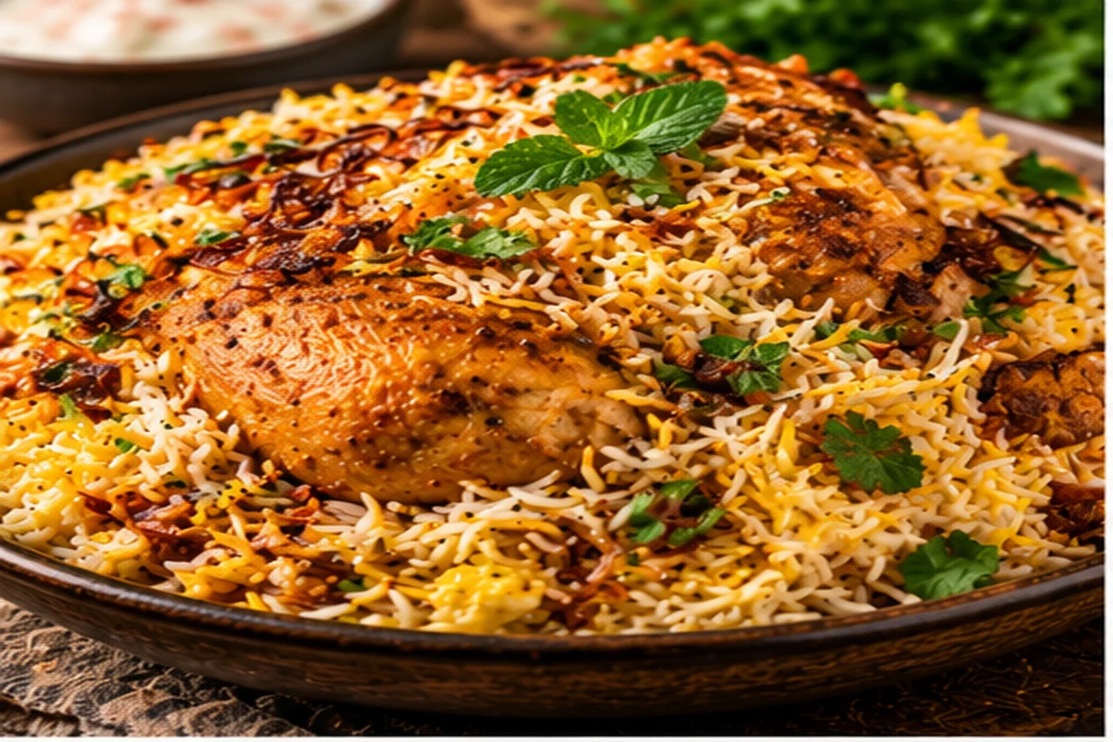 Layered chicken biryani with basmati rice, browned onions, mint and cilantro