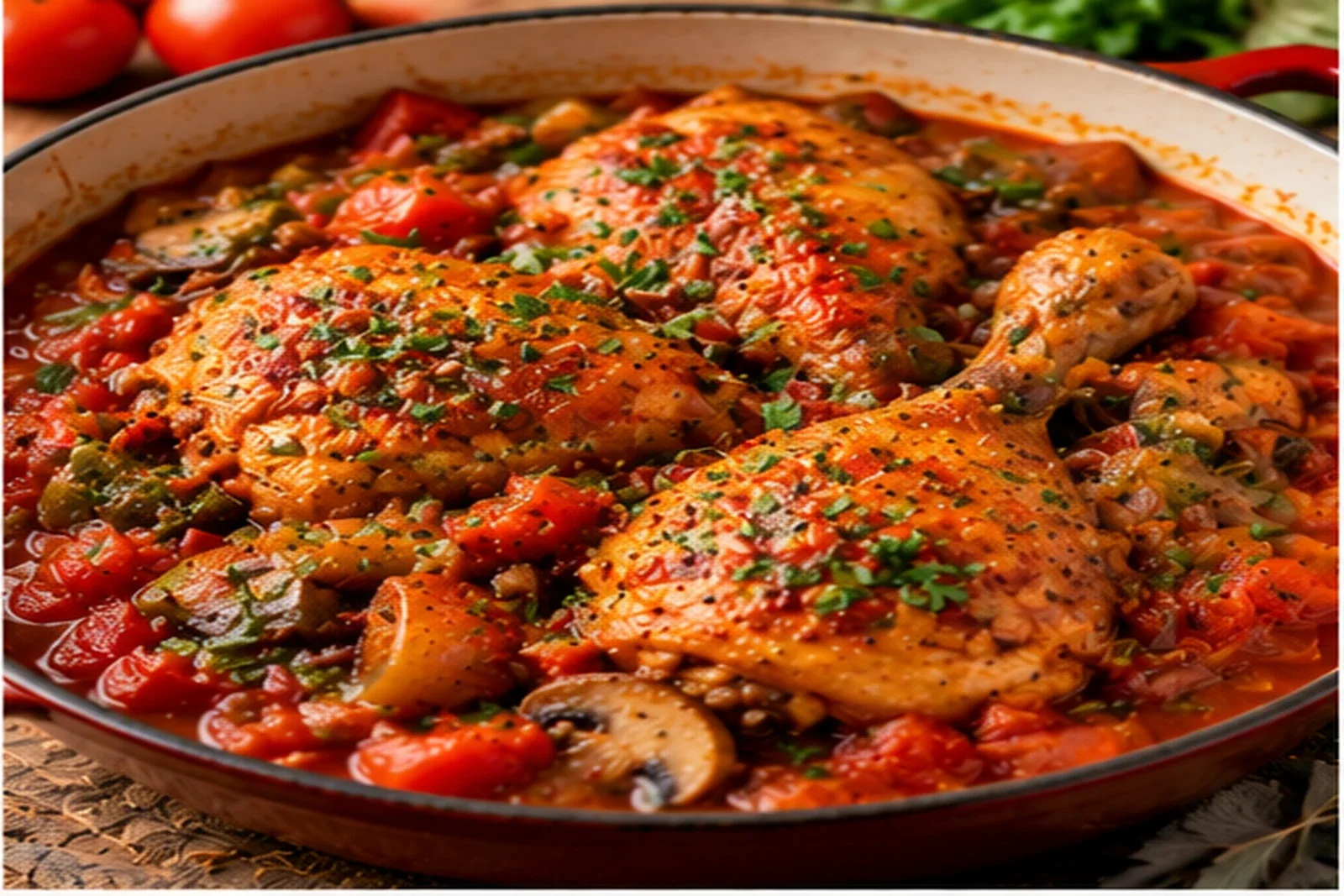 Chicken cacciatore with braised thighs, tomatoes, peppers, mushrooms and herbs