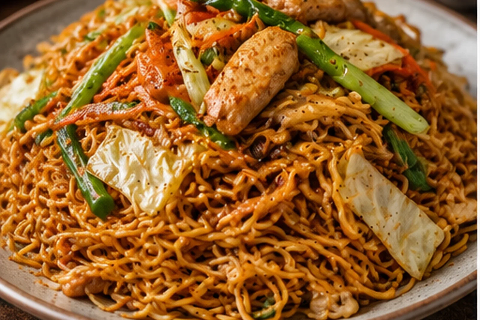 Chicken chow mein with crisp noodles, cabbage, carrots, scallions and sauce