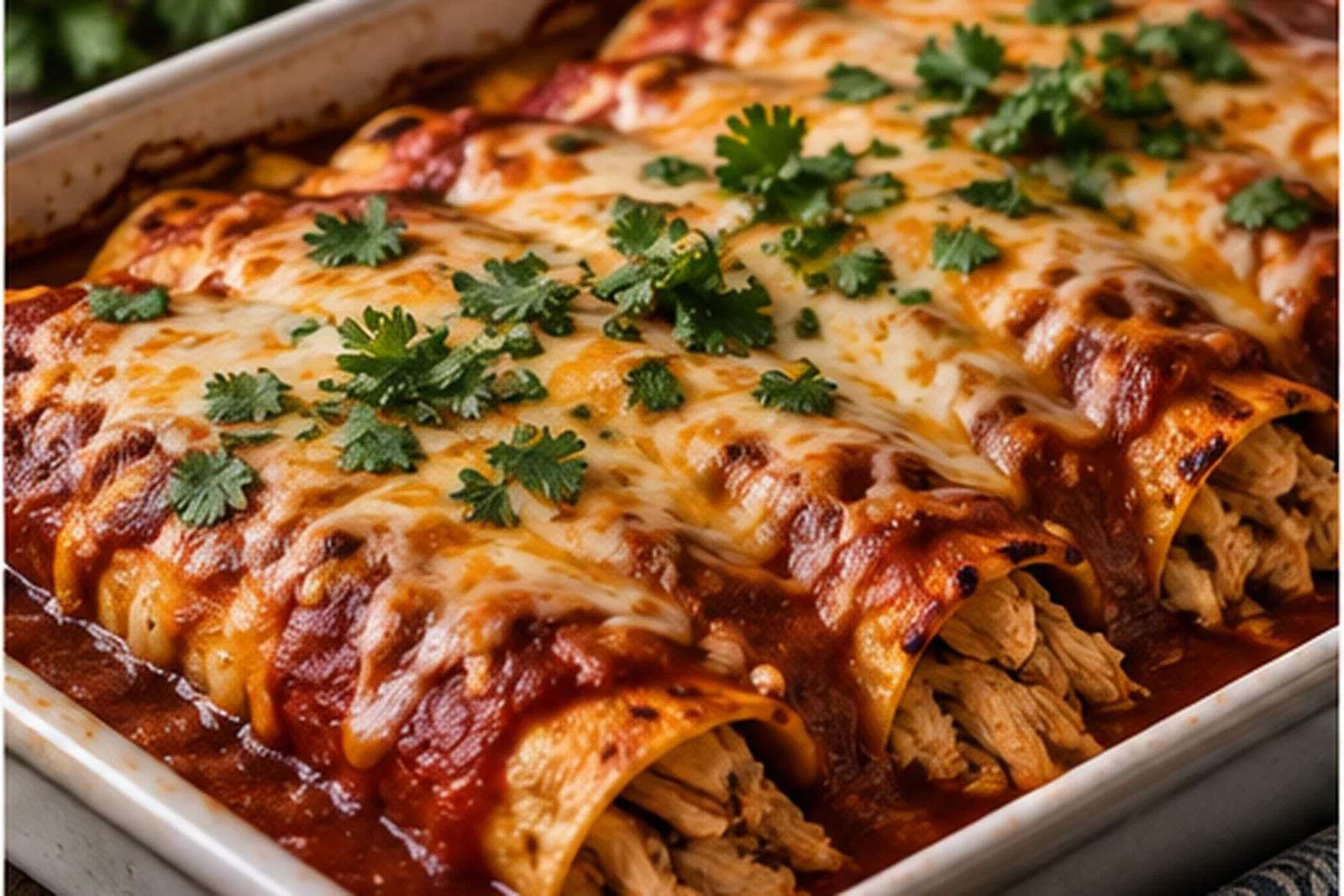 Chicken enchiladas baked with red sauce, melted cheese and fresh cilantro