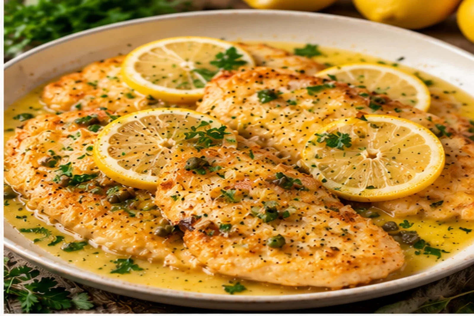 Chicken Francese with golden cutlets, lemon slices, capers and glossy butter sauce