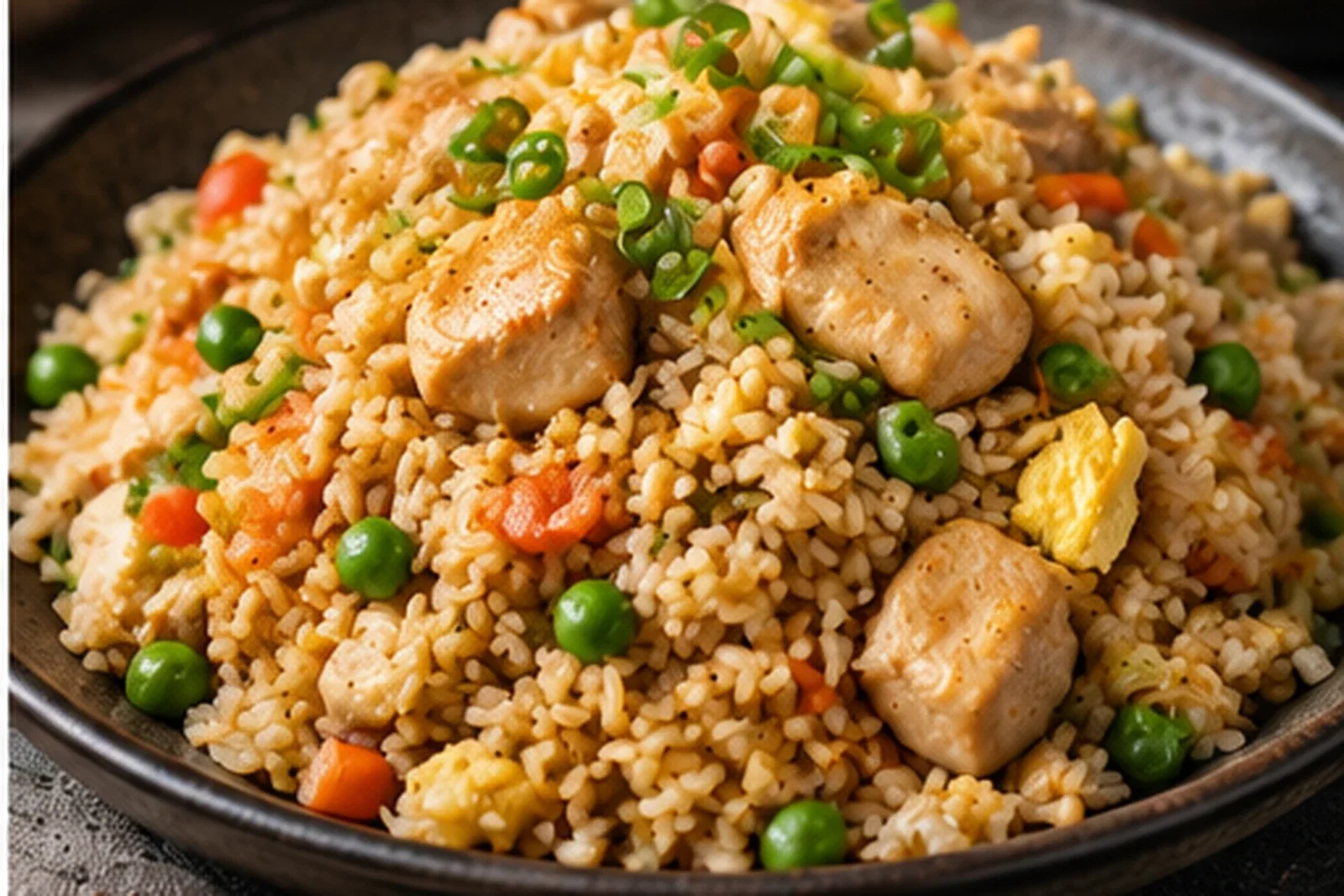 Chicken fried rice with egg, peas, carrots and scallions