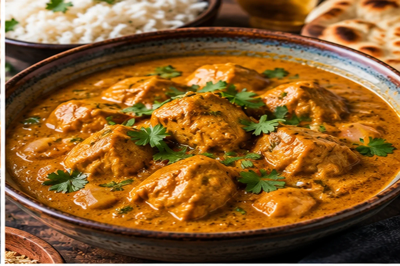 Creamy golden chicken korma with tender chicken, herbs, almonds and rice