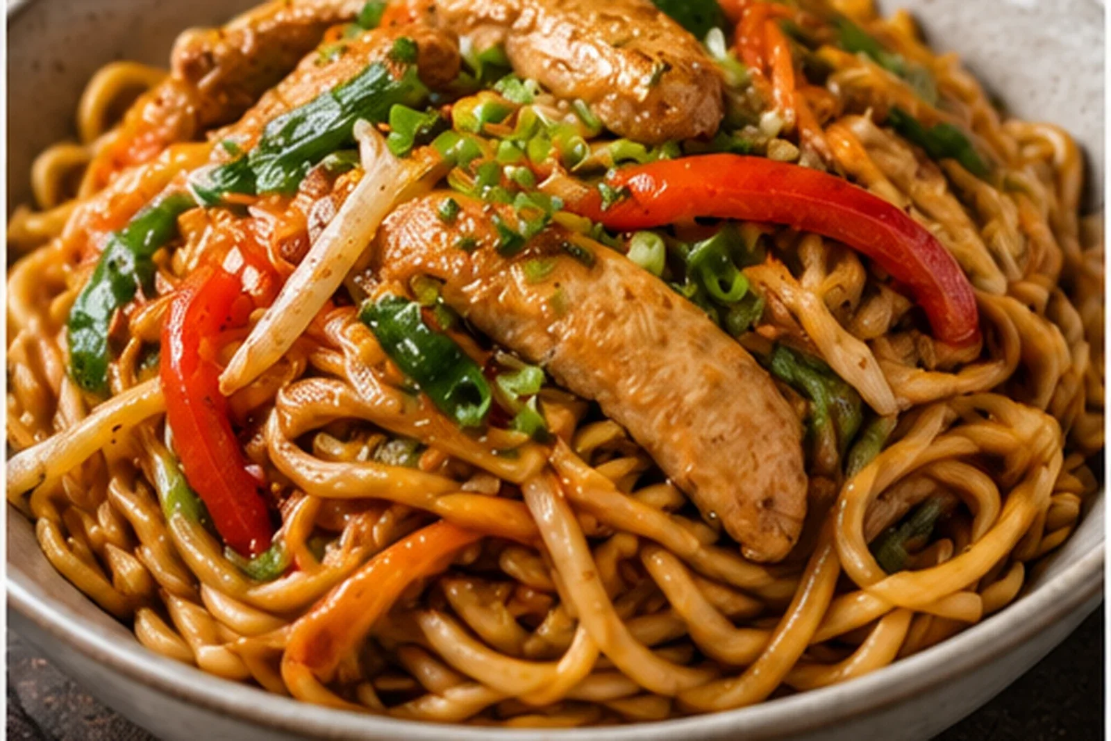 Chicken lo mein with glossy noodles, peppers, sprouts, carrots and scallions