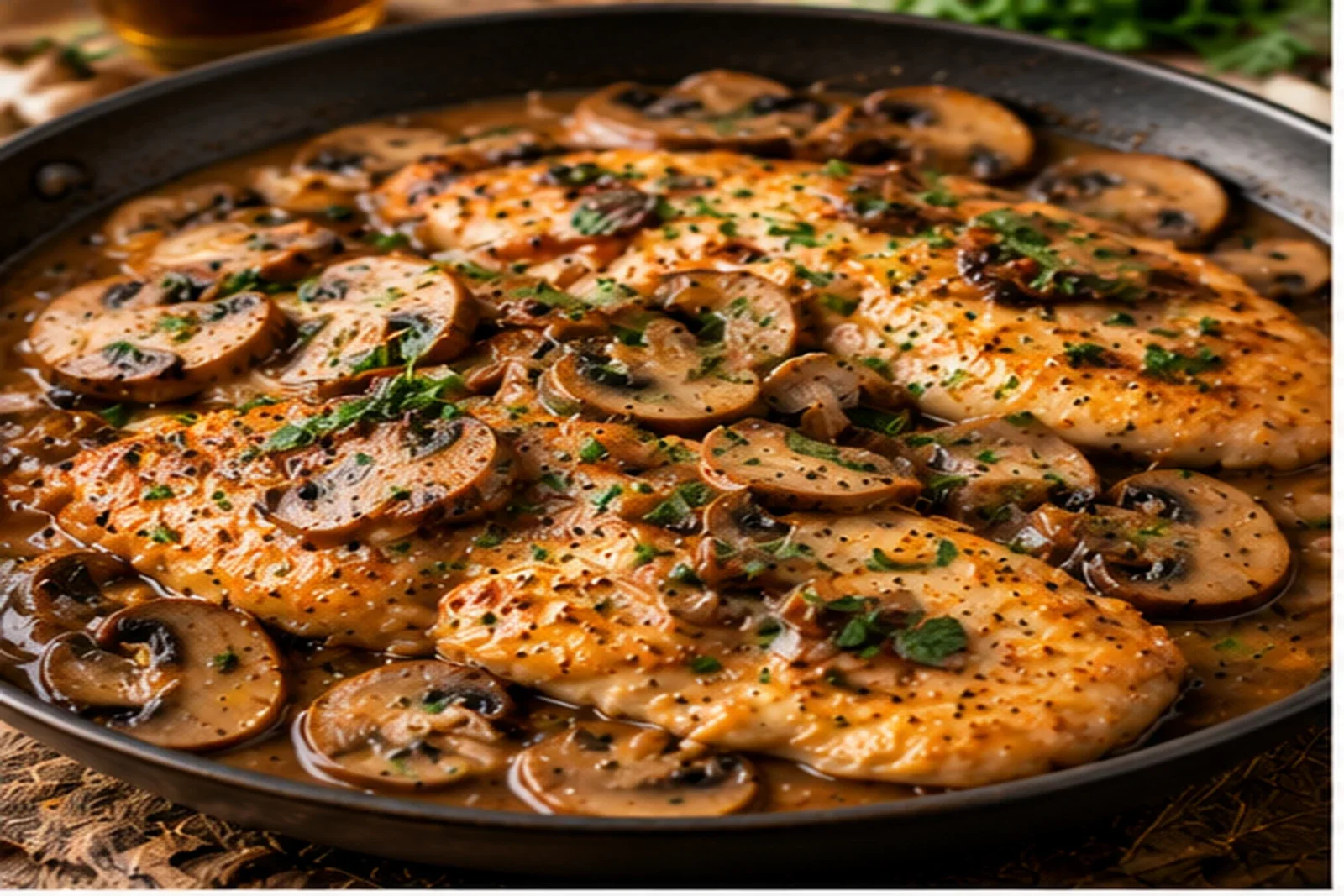 Golden chicken Marsala with browned mushrooms, glossy wine sauce and parsley