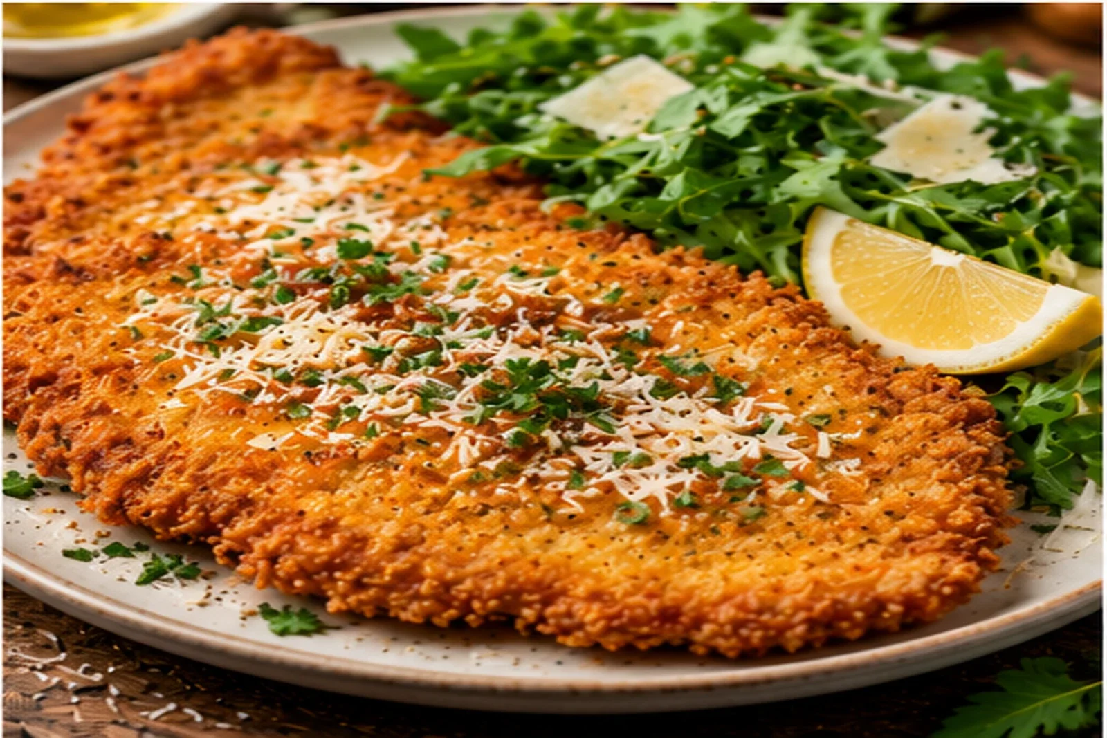 Crispy Chicken Milanese with arugula, lemon and Parmesan