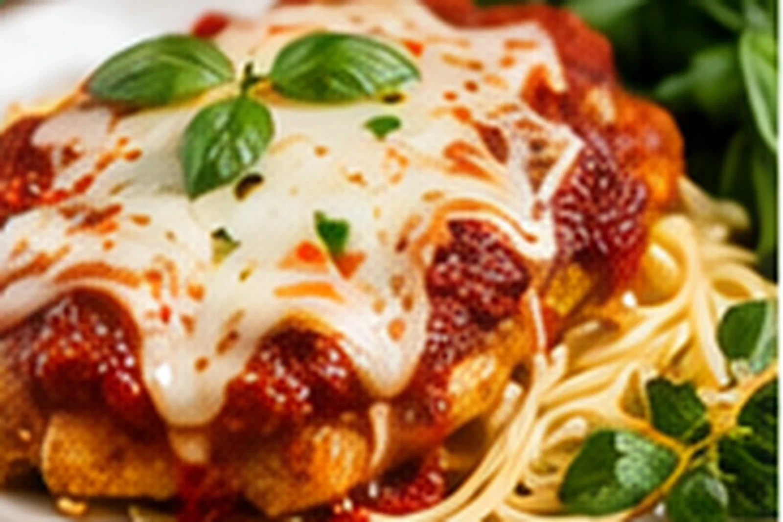 Photorealistic chicken Parmesan with a golden breaded cutlet, thick tomato sauce, melted mozzarella and basil