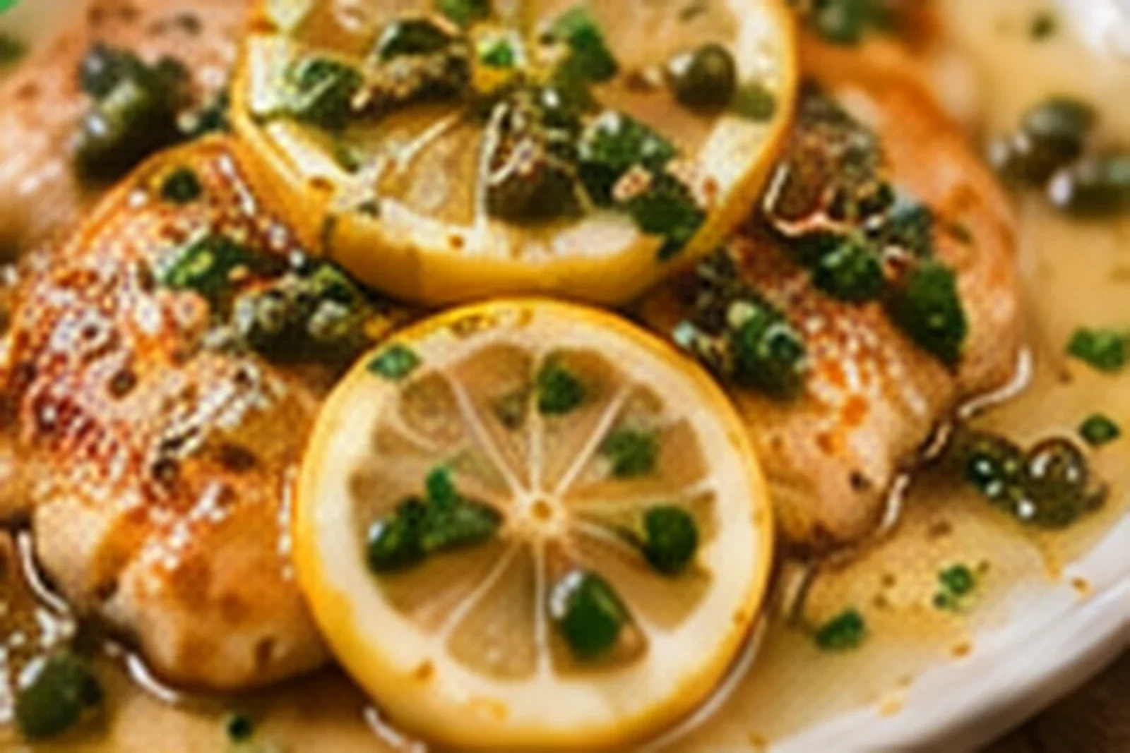 Photorealistic chicken piccata with golden chicken cutlets, lemon slices, capers, parsley and glossy pan sauce
