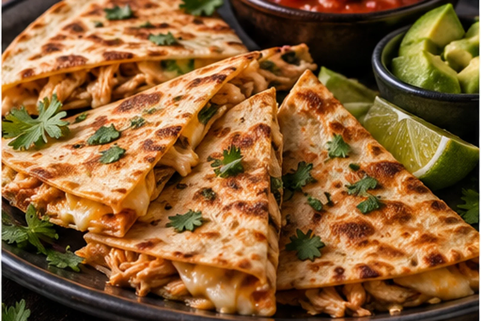 Golden chicken quesadilla wedges with melted cheese, salsa, avocado and lime