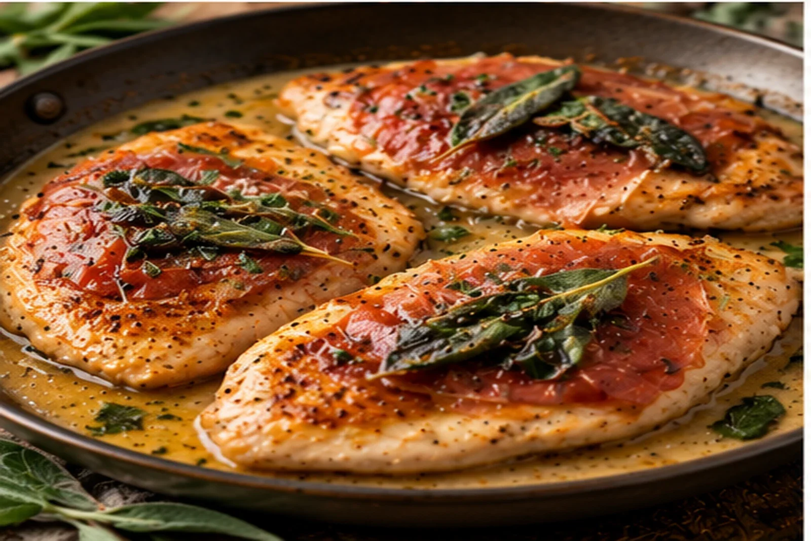 Chicken Saltimbocca wrapped with prosciutto and sage in a glossy pan sauce