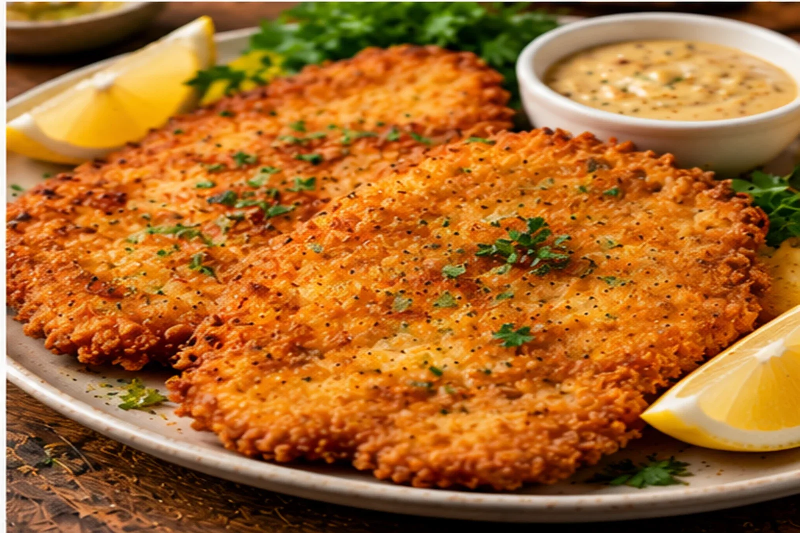 Crispy chicken schnitzel with lemon wedges and mustard sauce