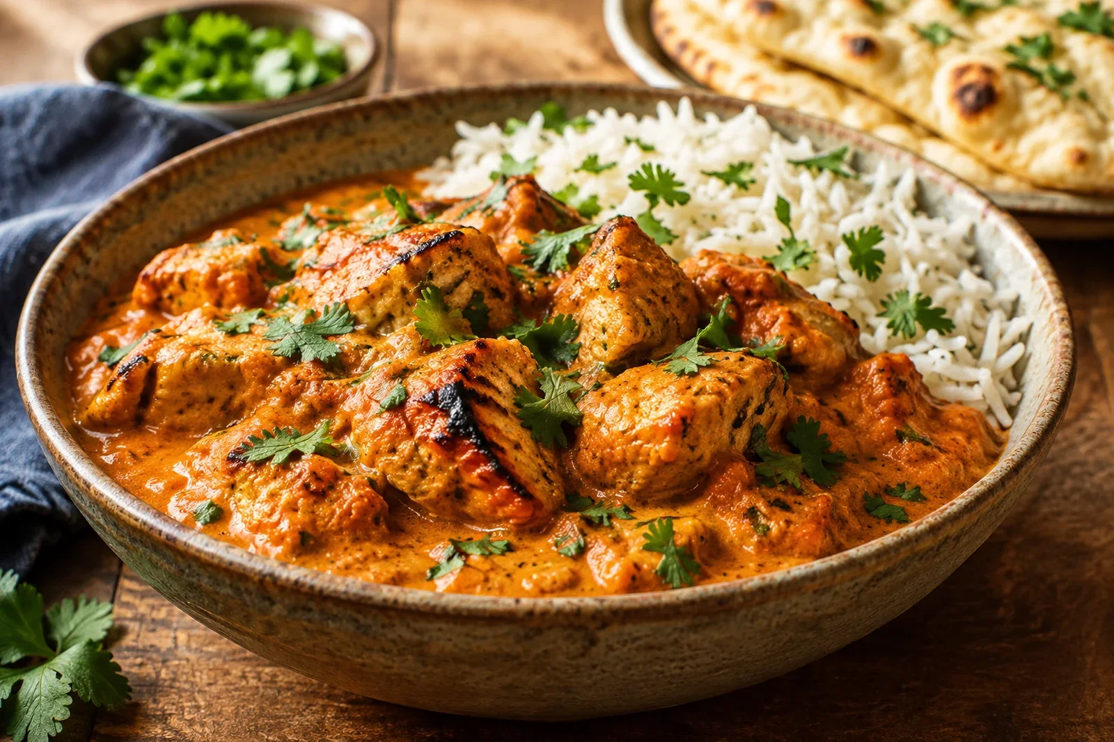 Charred chicken tikka pieces in creamy spiced tomato sauce with basmati rice and naan
