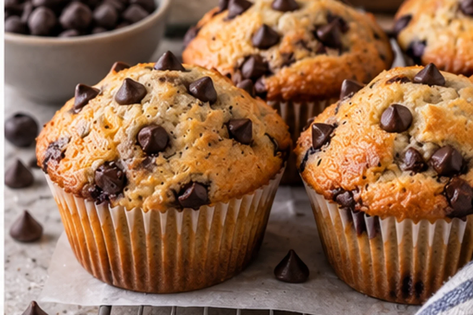 Golden chocolate chip muffins with chocolate pieces on top