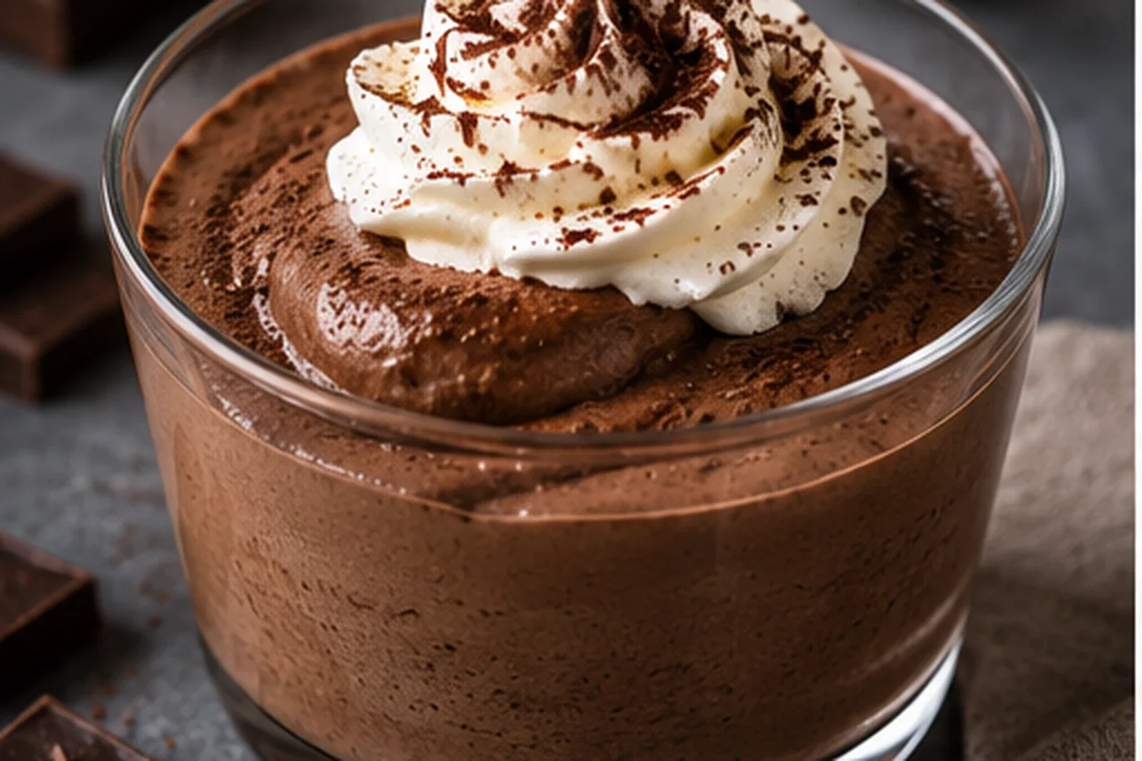 Silky chocolate mousse in a glass with whipped cream and cocoa