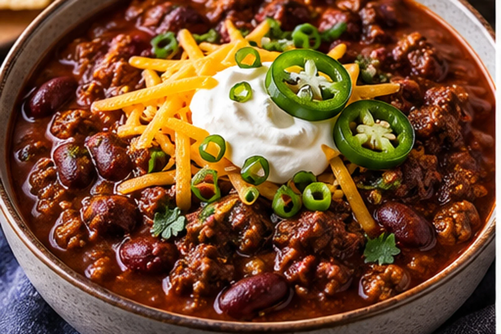 Thick beef chili with kidney beans, cheddar, sour cream, scallions and jalapeño