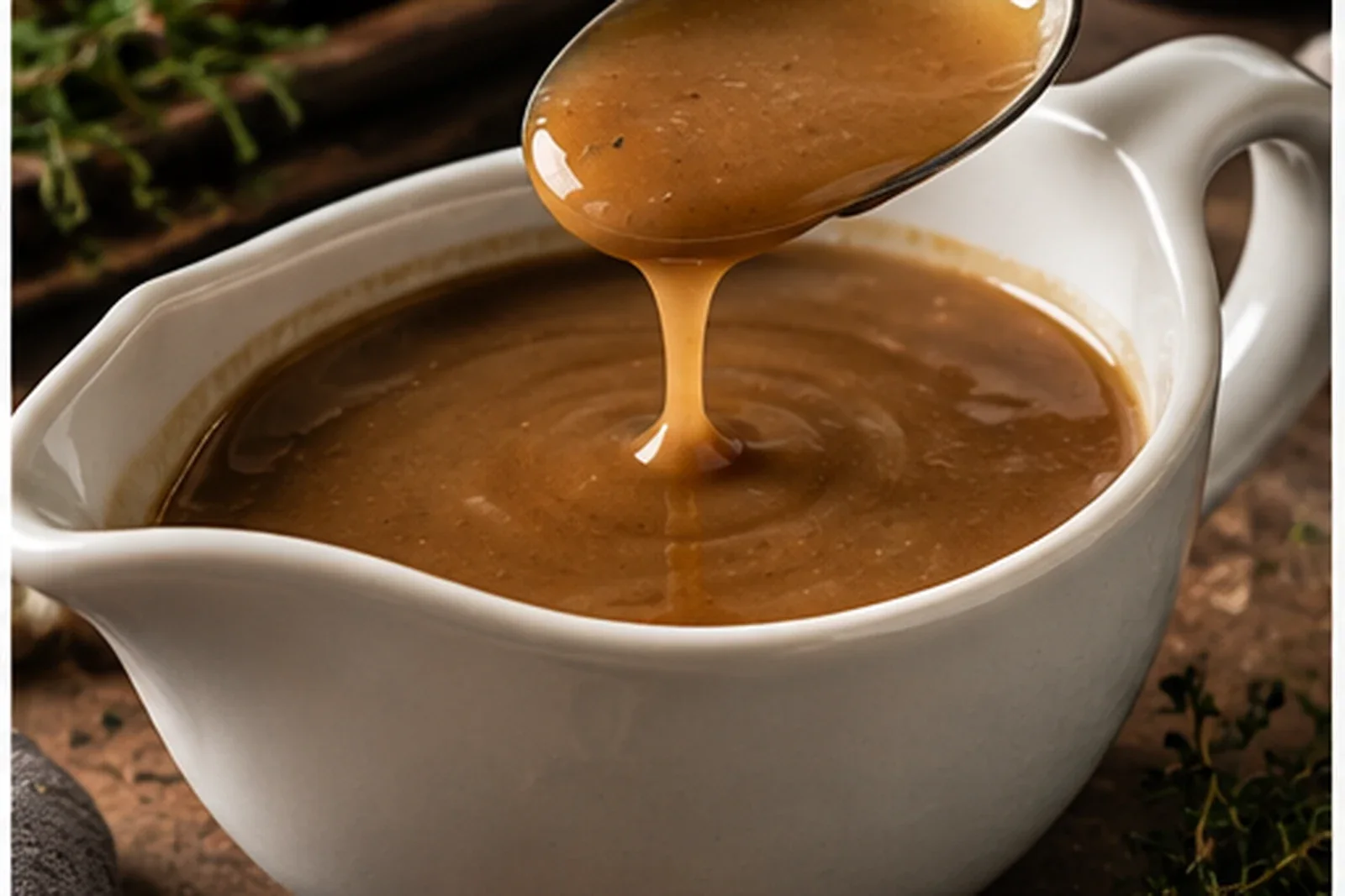 Smooth glossy brown gravy in a white sauce boat