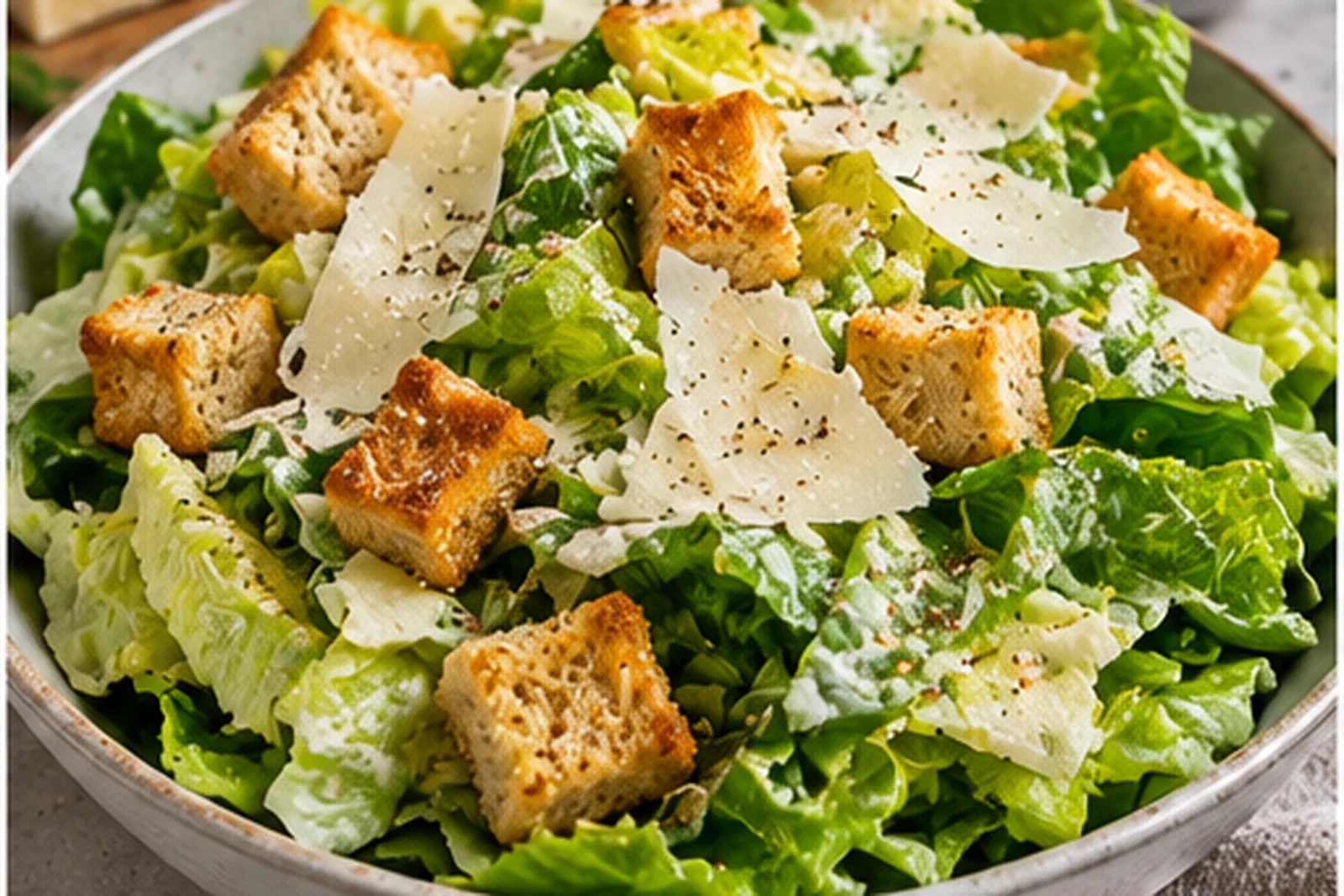 Classic Caesar salad with crisp romaine, garlic croutons, Parmesan and creamy anchovy dressing