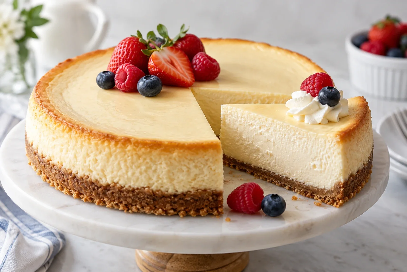Classic baked cheesecake with a smooth creamy filling, graham cracker crust and fresh berries