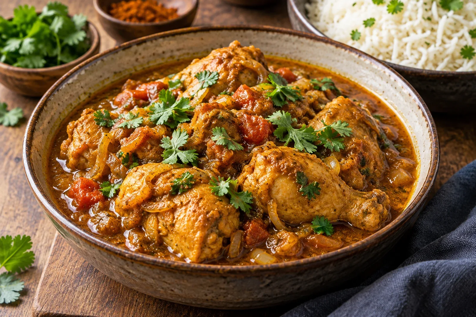 Golden-brown chicken curry with onions, tomato, spices, cilantro and basmati rice