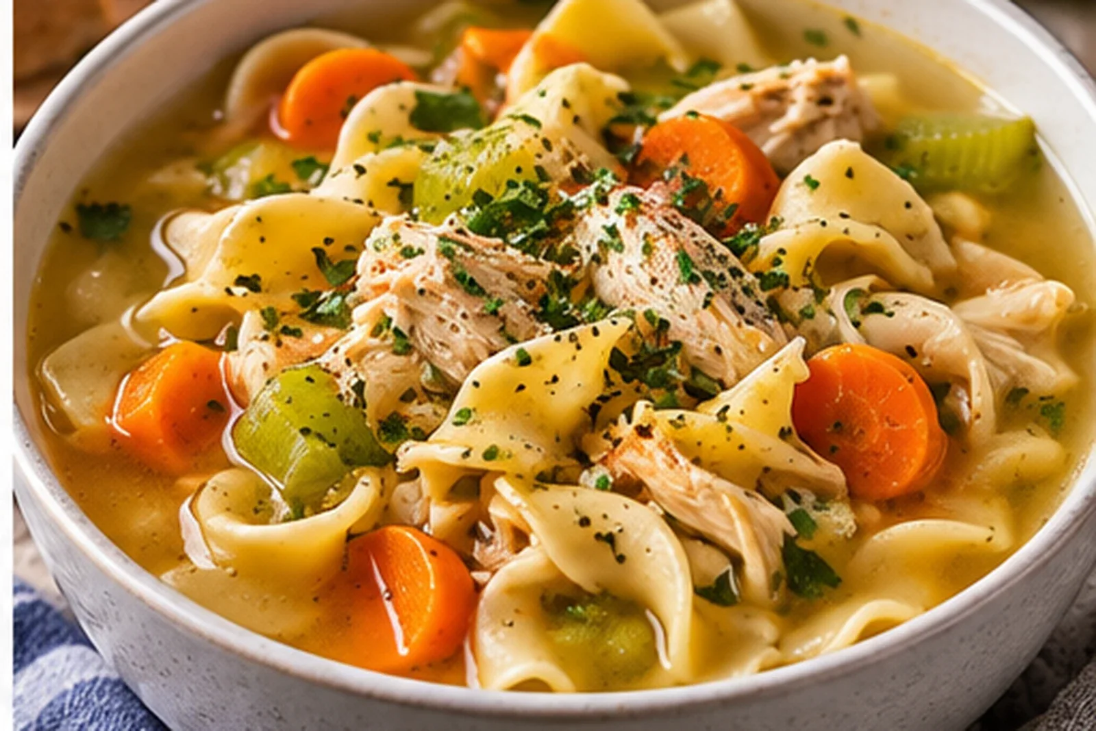 Golden chicken noodle soup with wide egg noodles, shredded chicken, carrots, celery and herbs