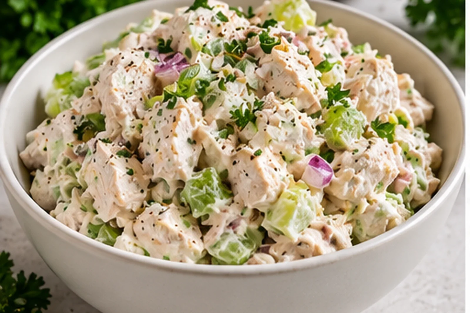 Classic creamy chicken salad with diced chicken, celery, red onion and herbs
