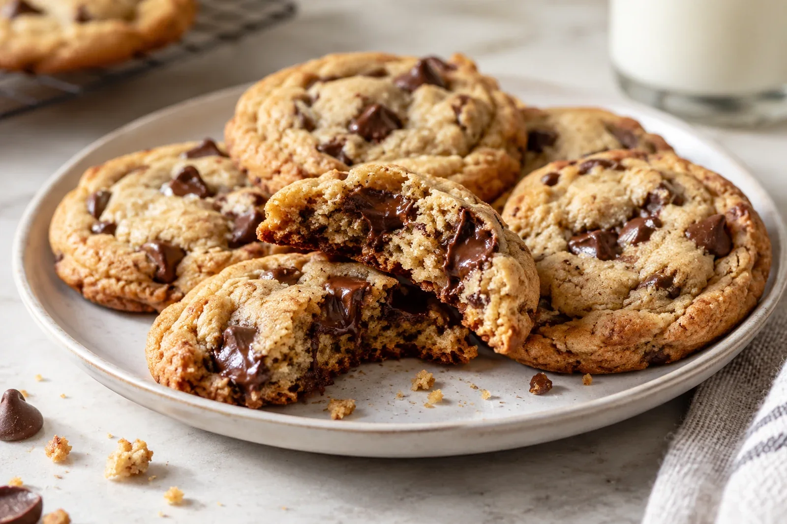 Golden chocolate chip cookies with crisp edges and soft chocolate-filled centers