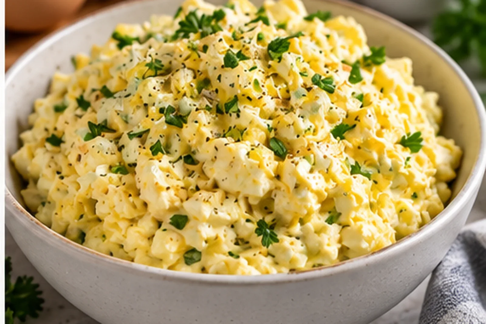 Classic egg salad with chopped hard-cooked eggs, mayonnaise, celery, onion and herbs