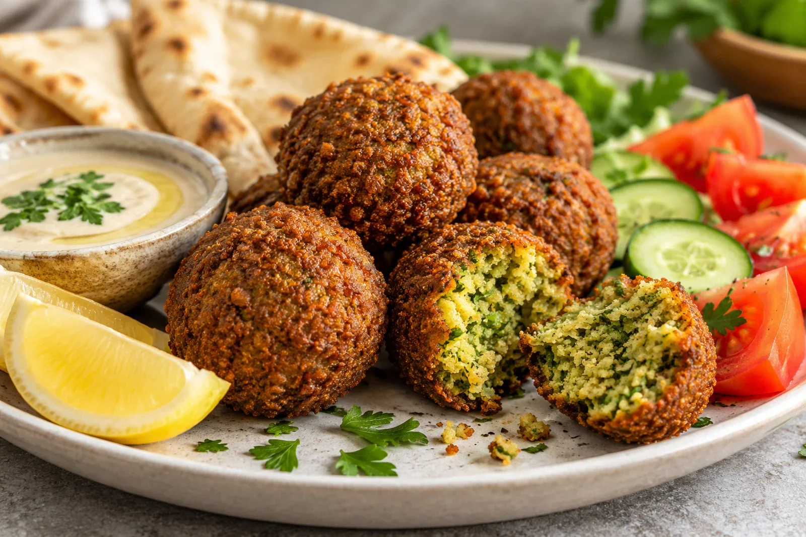 Deep golden classic falafel with crisp rough-textured crust, parsley-flecked interior, pita, tomato and tahini on a neutral editorial food background