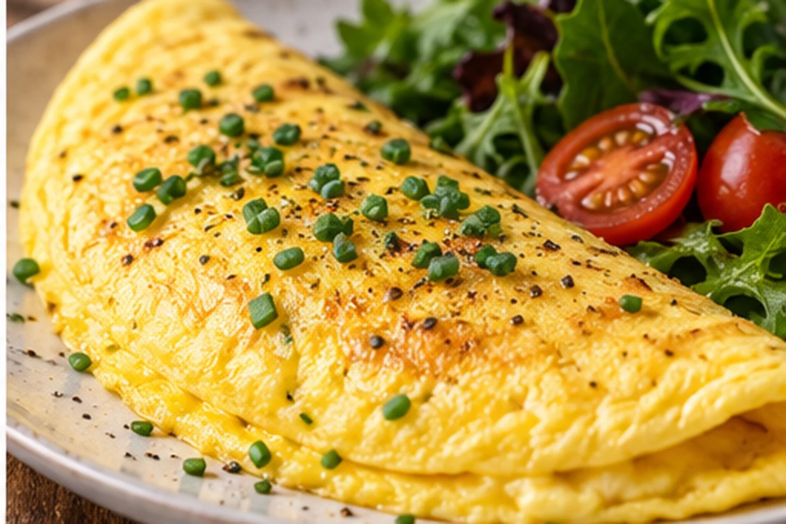 Pale tender French omelette with chives, greens and cherry tomatoes